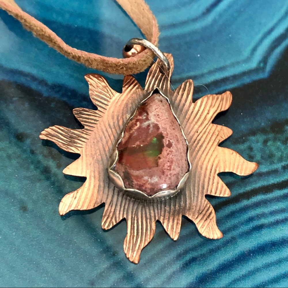 Handmade Copper Sunburst & First Opal Pendant